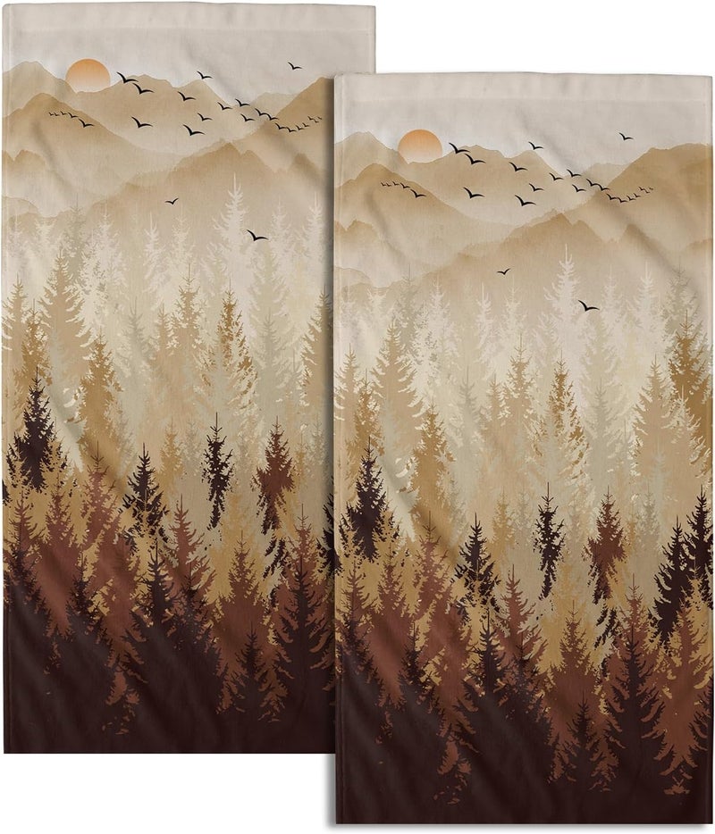 Granbey Brown Yellow Misty Forest Hand Towels Set of 2 Fall Mountain Woodland Decorative Bath Towel Nature Pine Trees Foggy Landscape Thin Kitchen Tea Dish Towels for Bathroom Spa Gym - Image 1